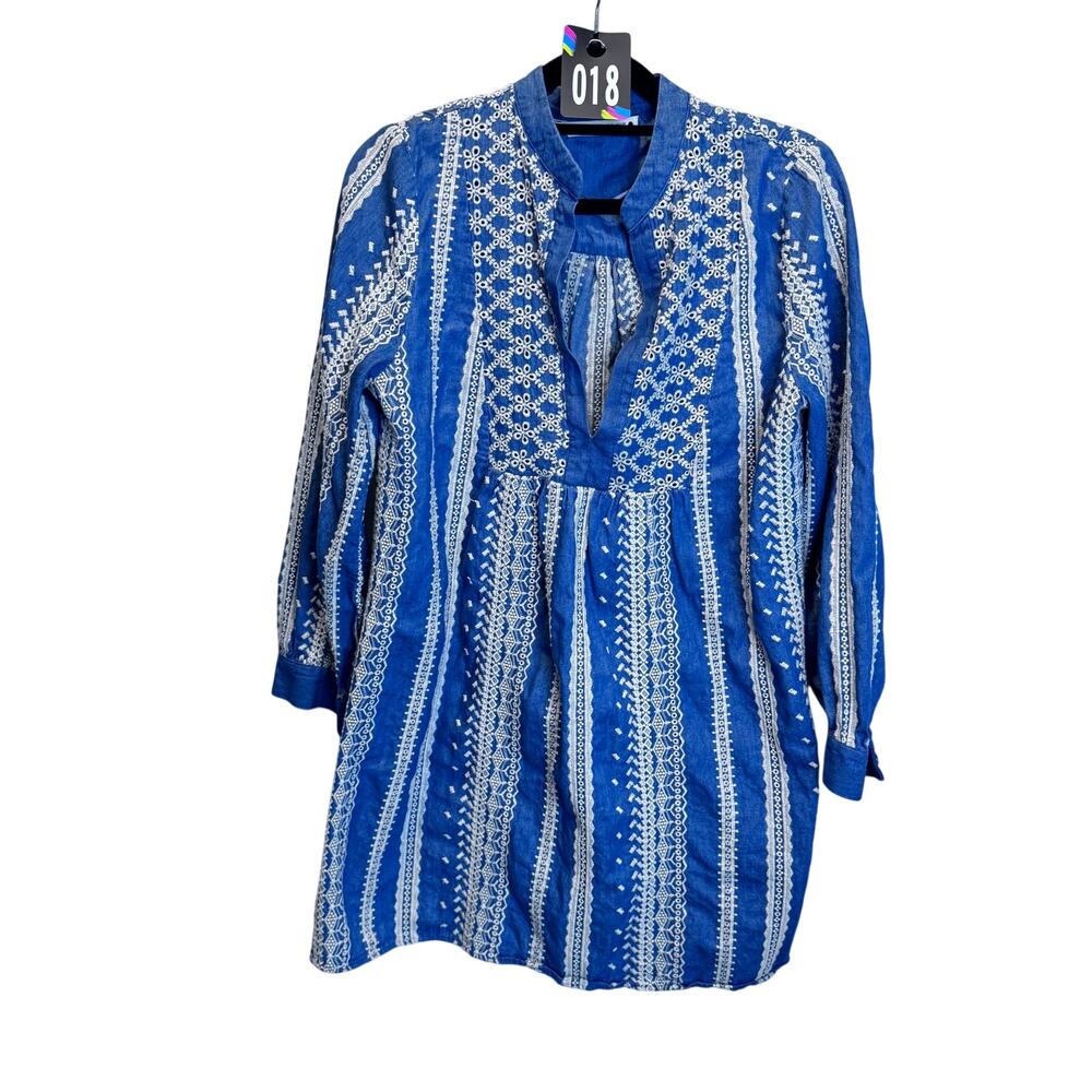Zara Blue Embroidered Eyelet Denim Tunic Dress Boho Long Sleeve Cotton Womens M